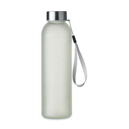 Sticla de sublimare din sticla 500ml cu capac metalic argintiu si curea plasa gri pe sticla mata
