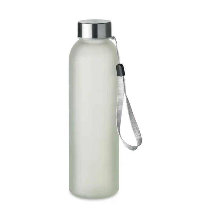Sticla de sublimare din sticla 500ml cu capac metalic argintiu si curea impletita gri, sticla opaca alba