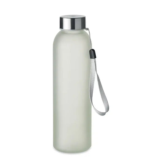Sticla de sublimare din sticla 500ml cu capac metalic argintiu si curea impletita gri, sticla opaca alba
