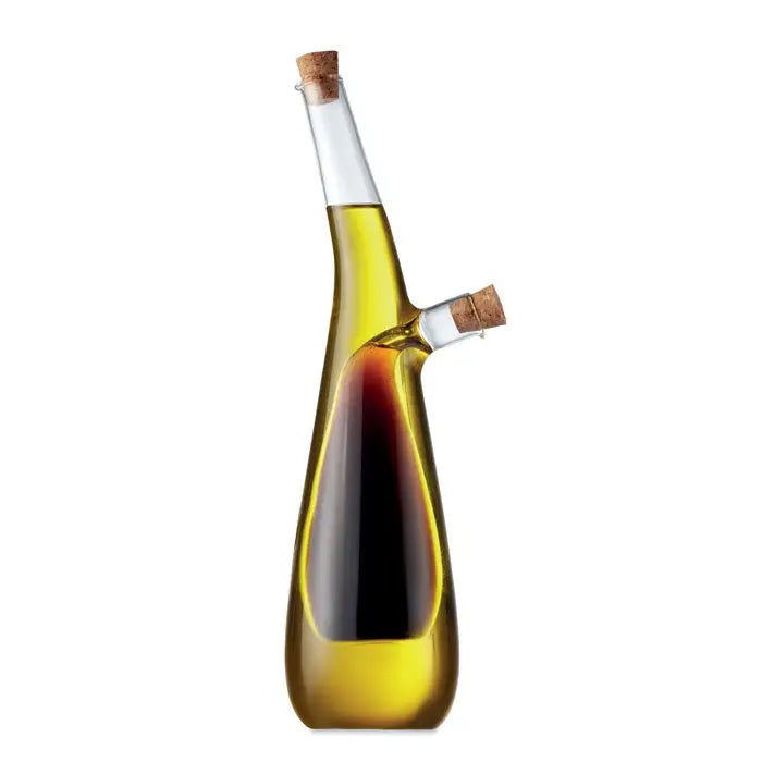 Sticlă de ulei și oțet din sticlă transparentă cu două compartimente și dopuri de plută în formă elegantă picătură