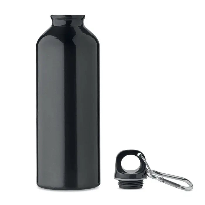 Sticla din aluminiu reciclat neagra 500ml cu capac infiletabil si carabiniera argintie