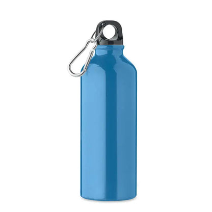 Sticla din aluminiu reciclat 500ml albastru metalizat cu capac negru si carabiniera argintie