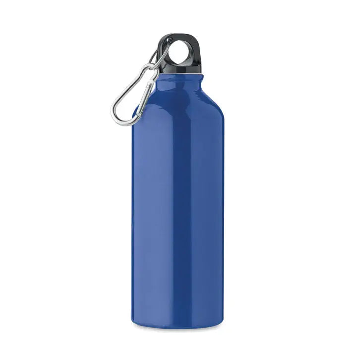 Sticla din aluminiu reciclat 500ml albastru metalic cu capac negru si carabiniera argintie