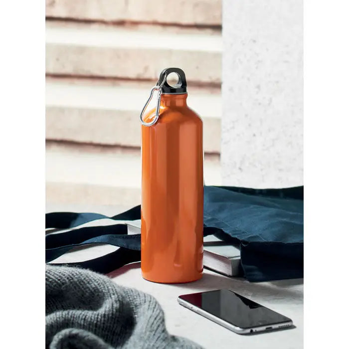 Sticlă din aluminiu reciclat portocalie cu capac negru și carabinieră argintie 500ml pentru hidratare ecologică
