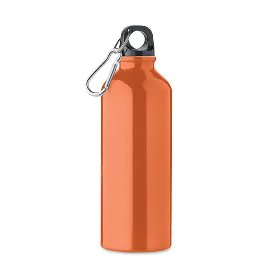 Sticla din aluminiu reciclat 500ml portocalie metalizata cu capac negru si carabiniera argintie