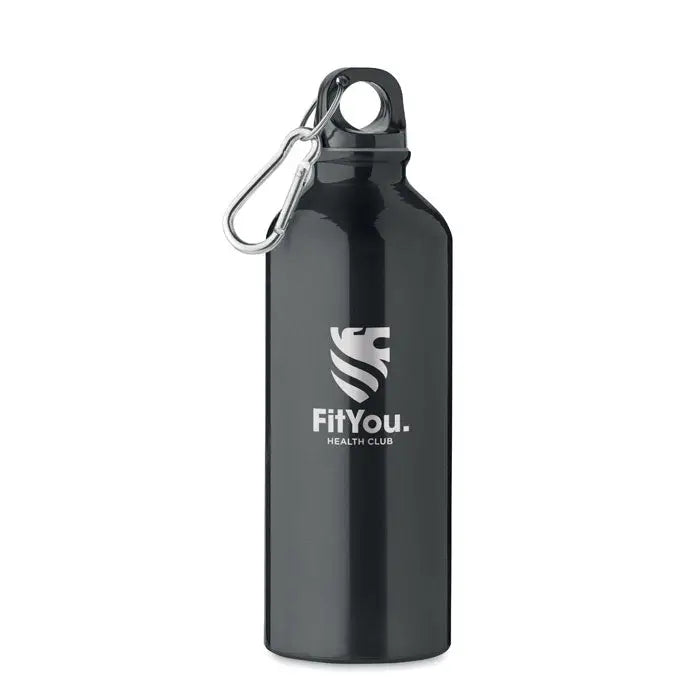 Sticla din aluminiu reciclat 500ml neagra metalica cu clema argintie si logo fityou health club alba