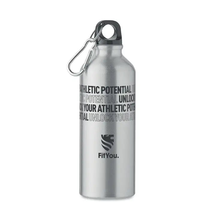 Sticla din aluminiu reciclat 500ml argintie cu text negru si carabiniera, logo fityou