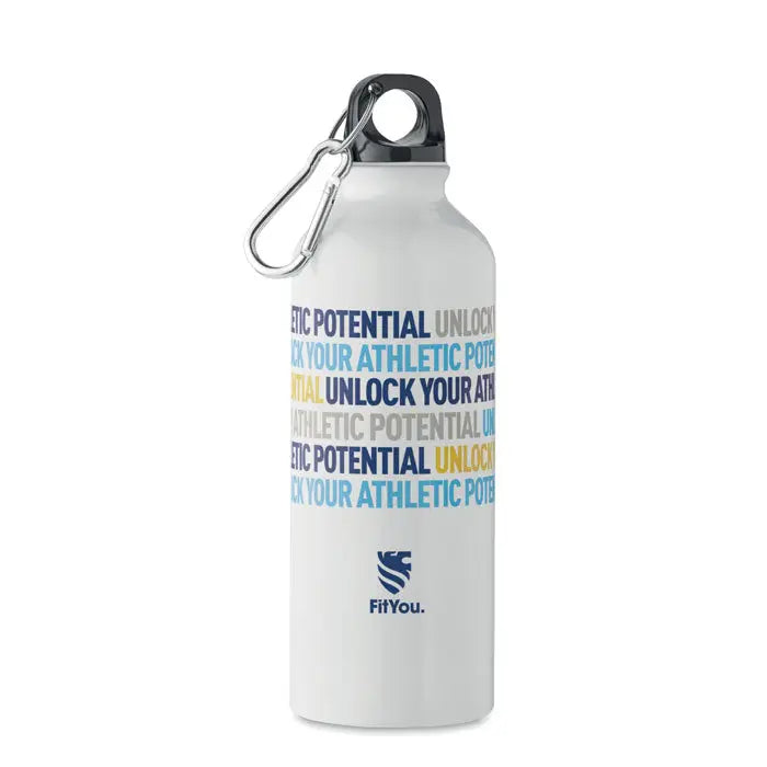 Sticla din aluminiu reciclat 500ml alba cu capac negru, carabinier argintiu si text colorat fityou sport