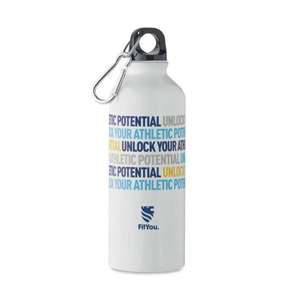 Sticla din aluminiu reciclat 500ml alba cu capac negru, carabinier argintiu si text colorat fityou sport