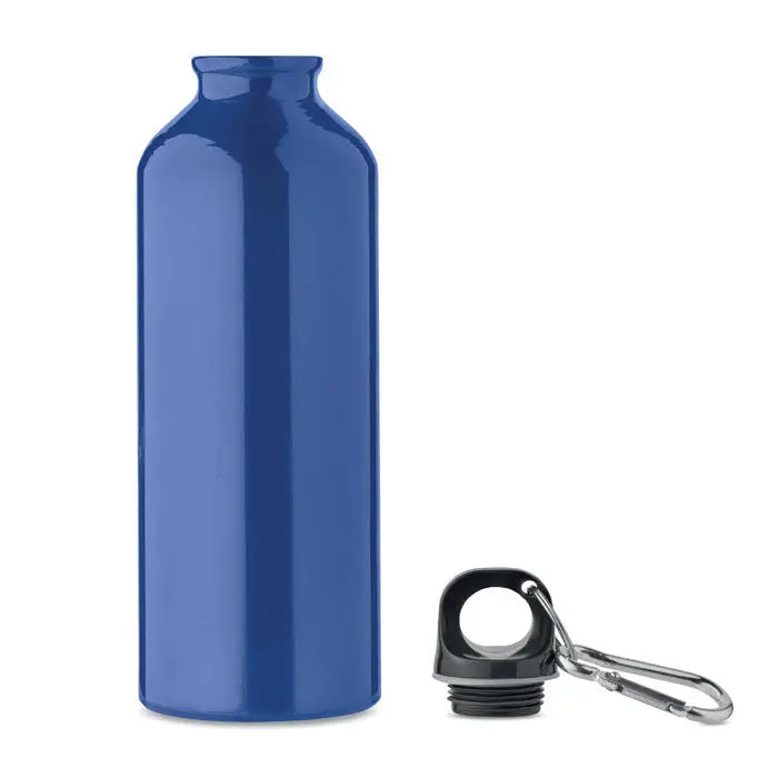 Sticla din aluminiu reciclat 500ml albastra metalizata cu capac negru cu filet si carabiniera argintie