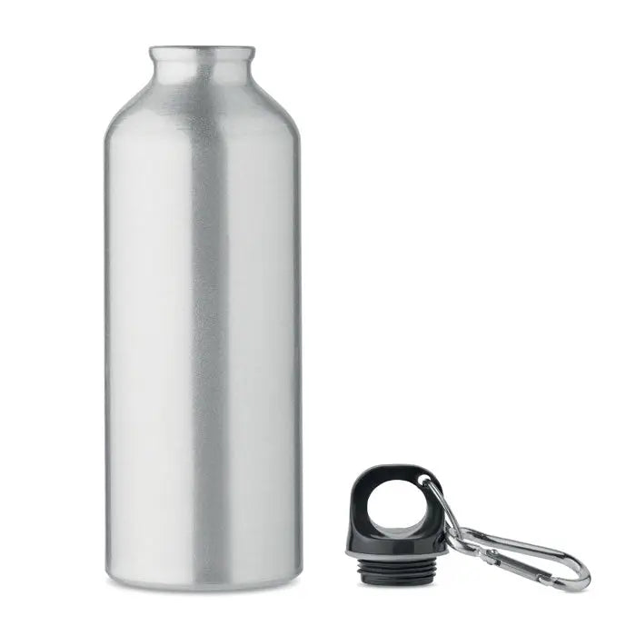 Sticla din aluminiu reciclat 500ml argintie cu capac negru si carabiniera pentru transport facil