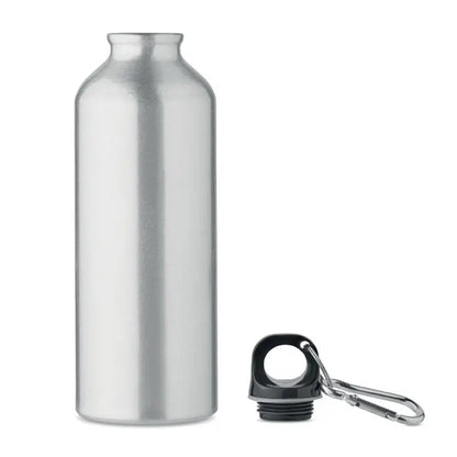 Sticla din aluminiu reciclat 500ml argintie cu capac negru si carabiniera pentru transport facil