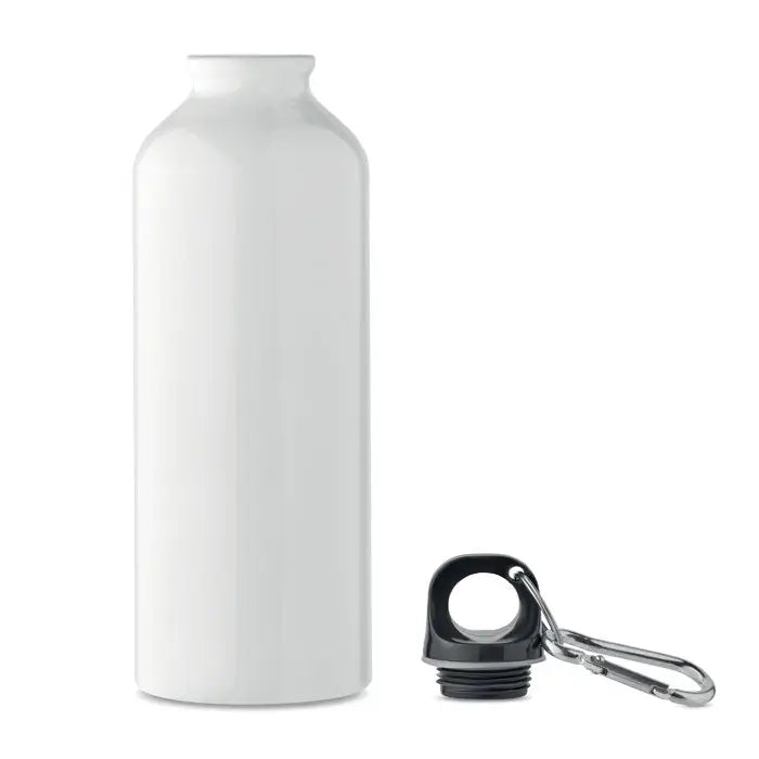 Sticla din aluminiu reciclat 500ml alba cu capac negru si carabinier argintiu pentru hidratare usoara