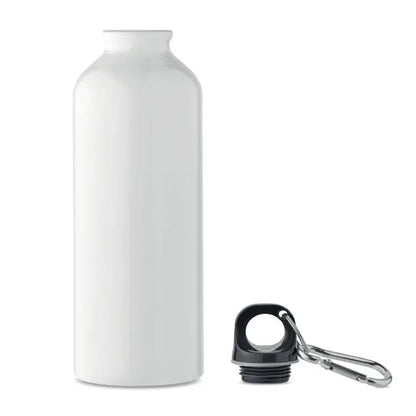 Sticla din aluminiu reciclat 500ml alba cu capac negru si carabinier argintiu pentru hidratare usoara