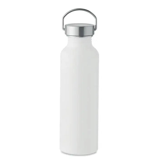 Sticla din aluminiu reciclat de 500ml alb mat cu capac argintiu si maner integrat din otel inoxidabil