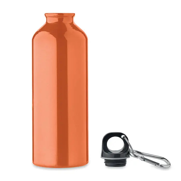 Sticla din aluminiu reciclat 500ml portocalie metalica cu capac negru si carabiniera argintie
