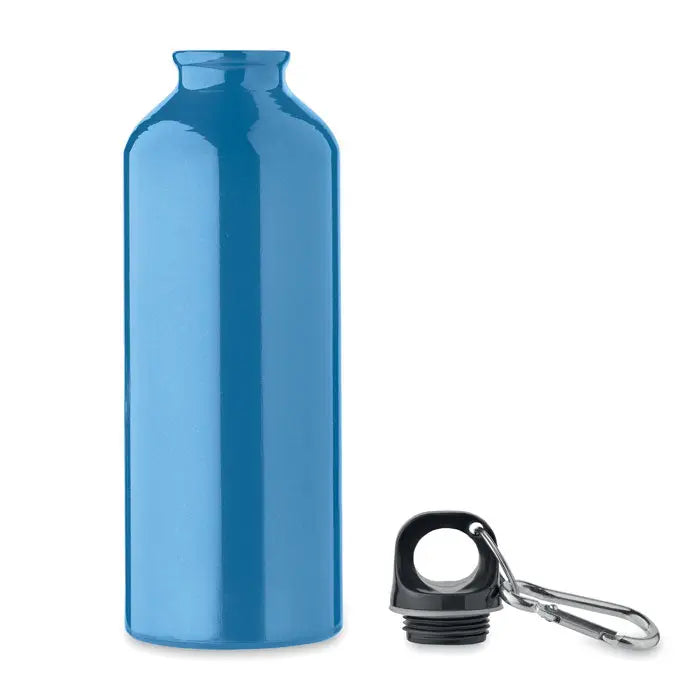 Sticla din aluminiu reciclat 500ml albastra metalizata cu capac negru si carabina argintie