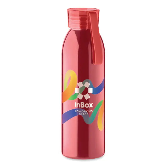 Sticla din otel inoxidabil rosie 650ml cu capac si maner, logo colorat inbox coworking space pe lateral
