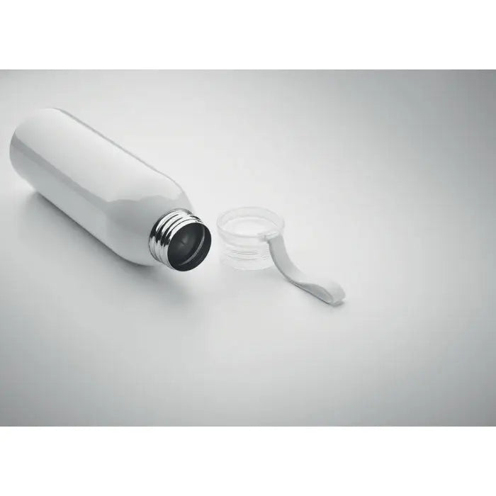 Sticla din otel inoxidabil 650ml alba, cu capac din plastic transparent si gat filetat argintiu