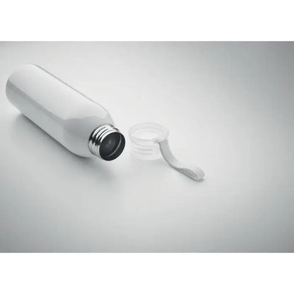 Sticla din otel inoxidabil 650ml alba, cu capac din plastic transparent si gat filetat argintiu