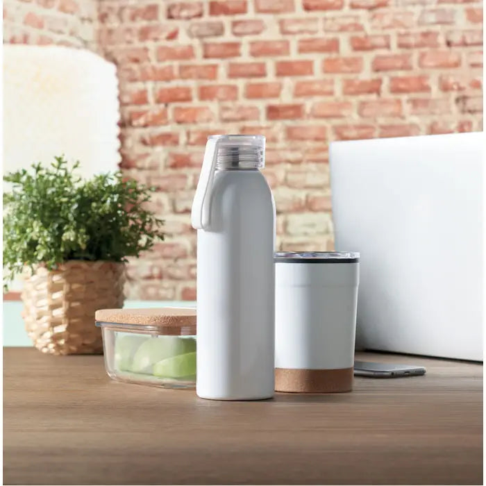 Sticla din otel inoxidabil 650ml cu izolare alba si capac transparent cu maner integrat pentru bauturi