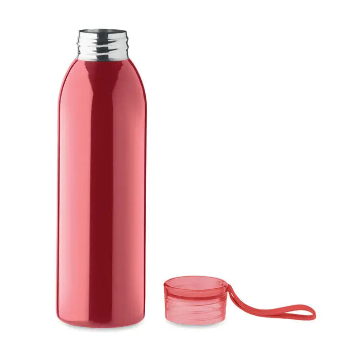 Sticla din otel inoxidabil 650ml rosie metalizata cu capac argintiu si capac roz transparent cu bretea rosie