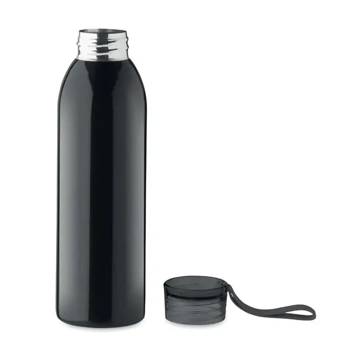 Sticlă din oțel inoxidabil 650ml neagră cu gât filetat argintiu și capac negru cu buclă integrată pentru transport