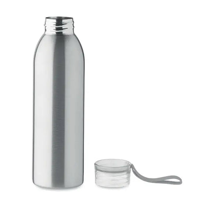 Sticla din otel inoxidabil 650ml argintie cu capac plastic transparent si curea gri pentru hidratare usoara