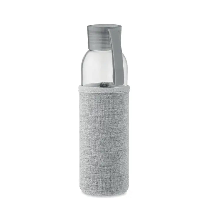 Sticlă din sticlă reciclată 500 ml cu capac gri și husă textilă gri închis elegantă și transparentă
