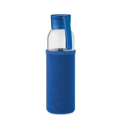 Sticla din sticla reciclata 500 ml albastra cu maner si maneca din silicon albastru pentru apa