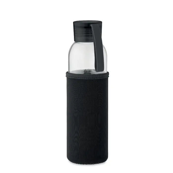 Sticla din sticla reciclata 500 ml transparenta cu capac negru si husa neopren neagra texturata