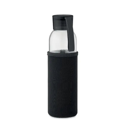 Sticla din sticla reciclata 500 ml transparenta cu capac negru si husa neopren neagra texturata