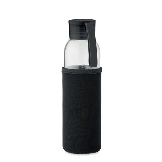Sticla din sticla reciclata 500 ml transparenta cu capac negru si husa neopren neagra texturata