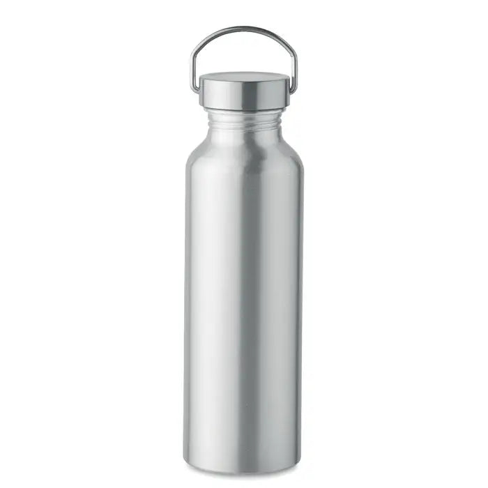 Sticla eco din aluminiu reciclat argintie cu corp cilindric si capac metalic cu maner integrat pentru transport