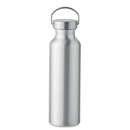 Sticla eco din aluminiu reciclat argintie cu corp cilindric si capac metalic cu maner integrat pentru transport