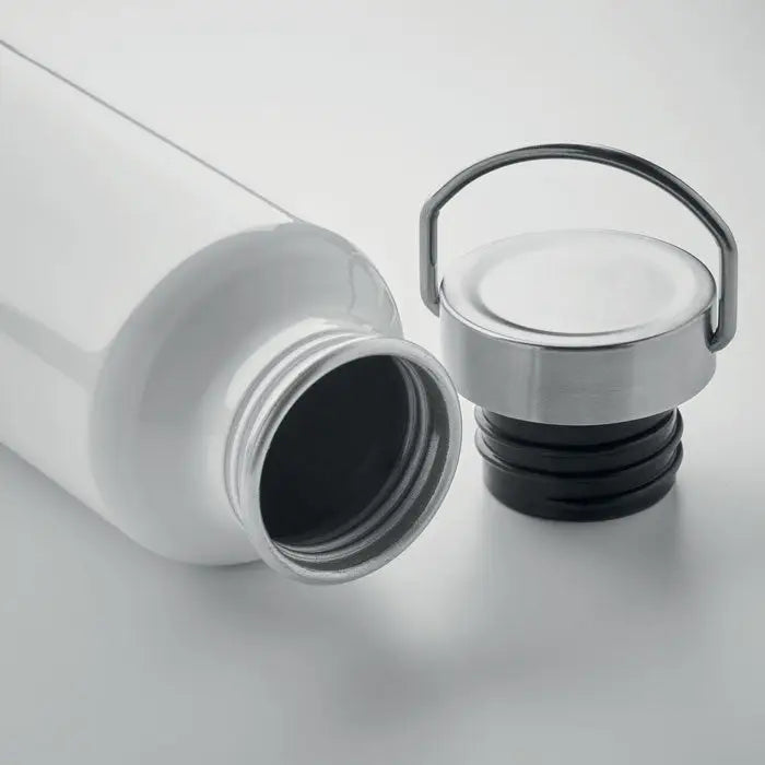 Sticlă eco din aluminiu reciclat alba 500 ml cu capac argintiu prevăzut cu mâner integrat din oțel inoxidabil alb