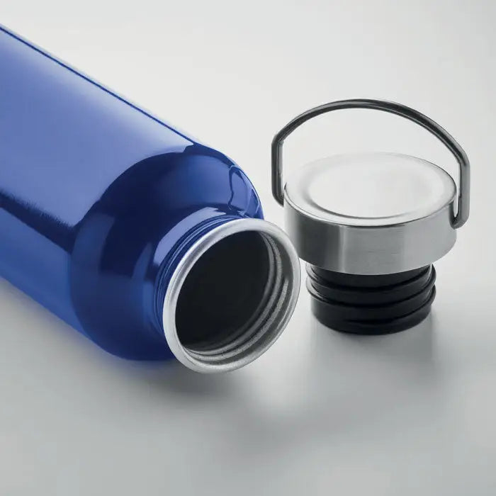 Sticlă eco din aluminiu reciclat albastru 500 ml cu capac argintiu cu maner integrat personalizabil