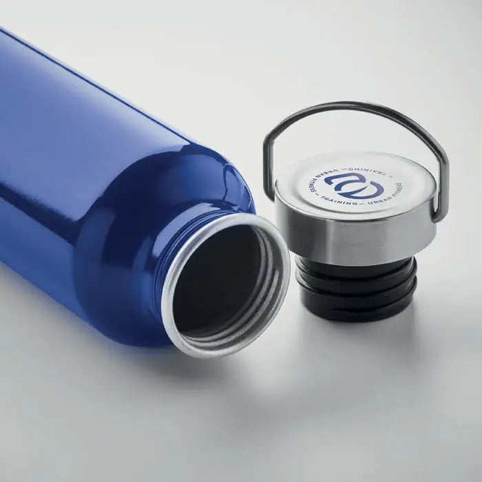 Sticla eco din aluminiu reciclat albastru 500 ml cu capac argintiu cu filet si maner negru personalizabil