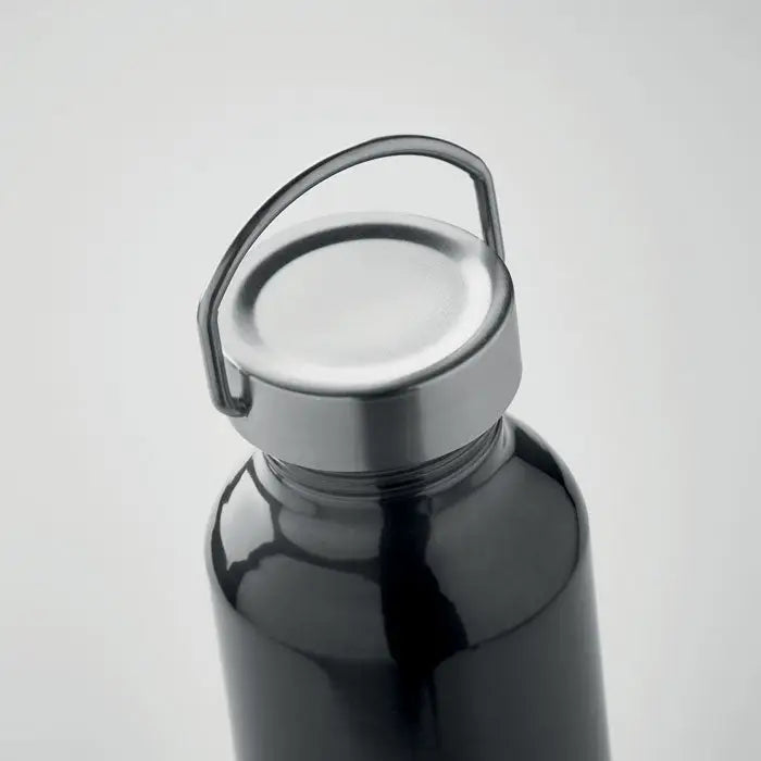 Sticla eco din aluminiu reciclat negru 500 ml cu capac argintiu si maner integrat din otel inoxidabil mata