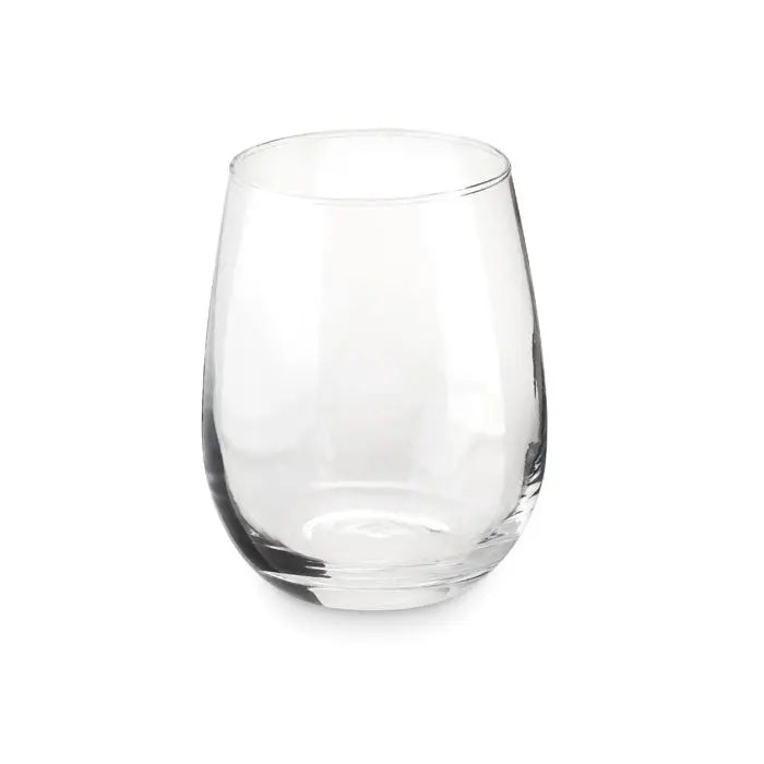 Sticla fara tulpina in cutie cadou cu pahar de vin fara picior transparent cu corp rotunjit si baza solida