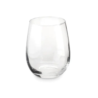 Sticla fara tulpina in cutie cadou cu pahar de vin fara picior transparent cu corp rotunjit si baza solida