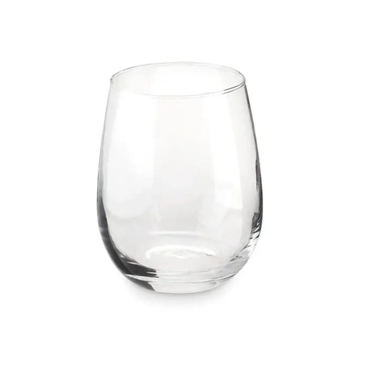 Sticla fara tulpina in cutie cadou cu pahar de vin fara picior transparent cu corp rotunjit si baza solida