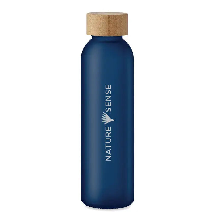 Sticla mata 500 ml albastru navy din sticla cu capac de lemn natural si logo nature sense gravat vertical