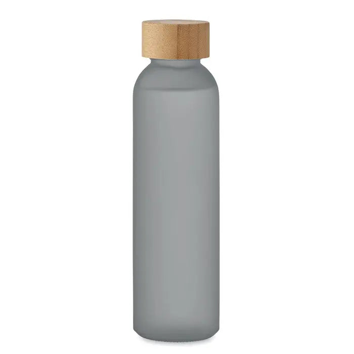 Sticlă mata 500 ml din sticlă frosted gri cu capac natural din lemn pentru băuturi reci și calde