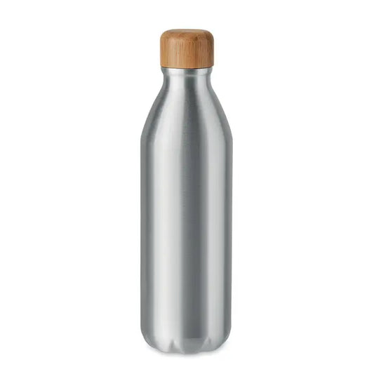 Sticlă reutilizabilă argintie din oțel inoxidabil cu capac natural din bambus 550ml personalizabilă