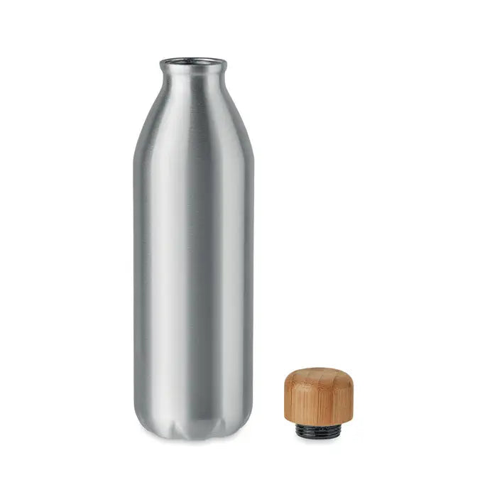 Sticla reutilizabila argintie din otel inoxidabil cu capac din bambus de 550ml personalizabila