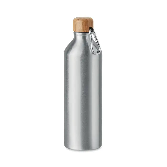 Sticla reutilizabila din aluminiu argintiu cu capac din bambus si carabiniera metalica 800ml personalizabil