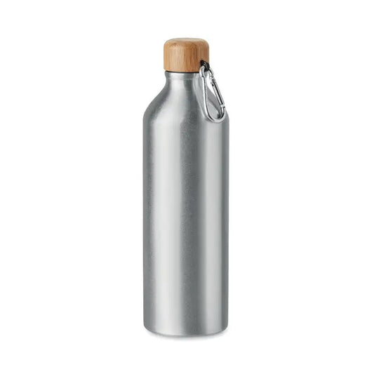 Sticla reutilizabila din aluminiu argintiu cu capac din bambus si carabiniera metalica 800ml personalizabil