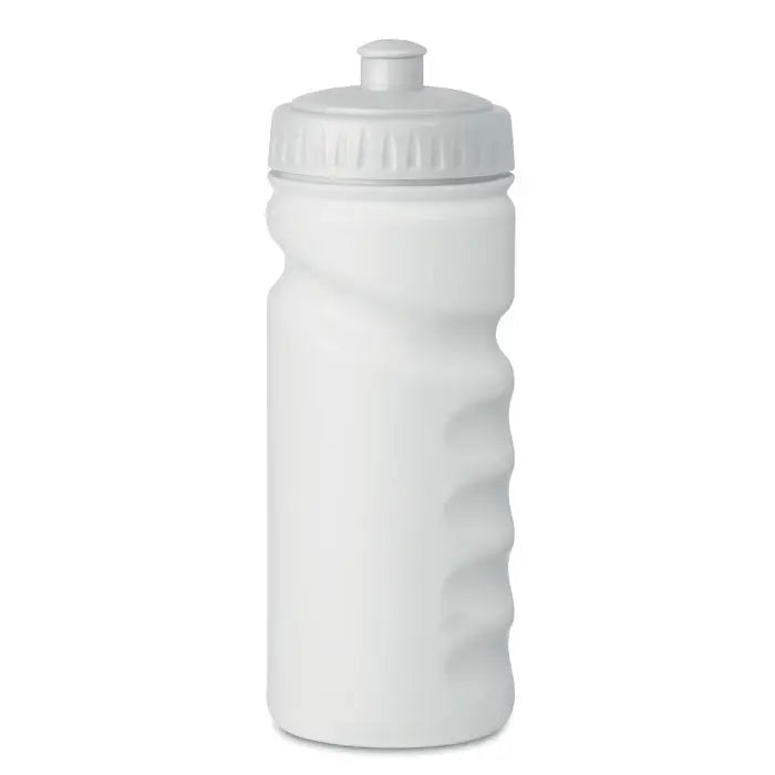 Sticla sport 500ml albă din plastic cu prindere texturată și capac nervurat pentru hidratare sportivă