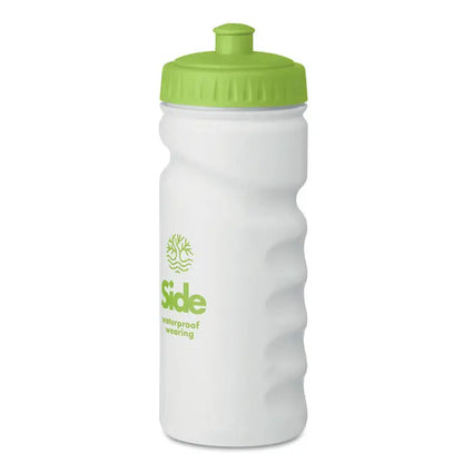 Sticlă sport 500ml albă din plastic cu capac verde lime și logo asortat pentru hidratare sportivă